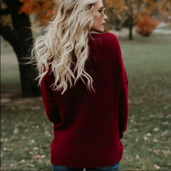 LAST ONE!! Red V Neck Criss Cross Knit Sweater - Picture 2 of 7